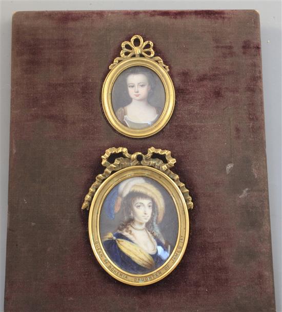 19th century Continental School Miniatures of Elizabeth, Queen of Bohemia (1596-1662) and a girl, largest